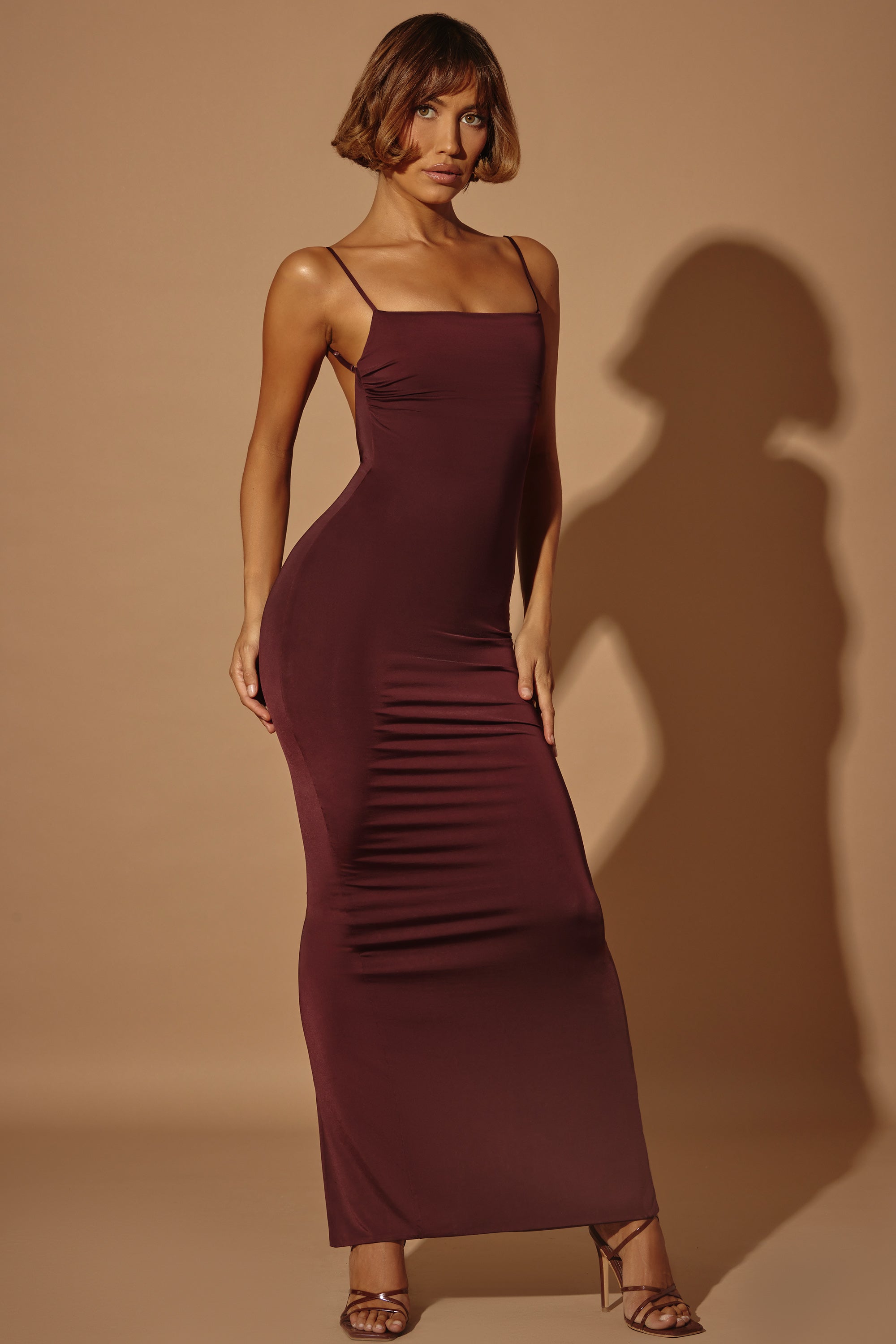 Ruched Bodycon Maxi Dress in Brown、mySite、solidvoid