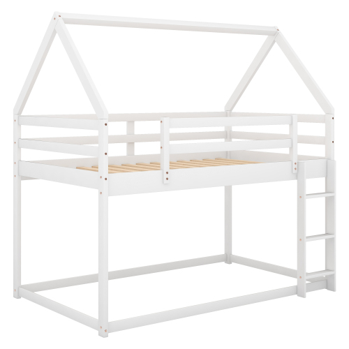 Twin Size Bunk House Bed with Slide and Ladder,White、、casual