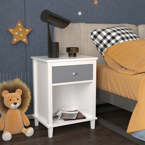 26.77''H Wooden Nightstand with One Drawer One Shelf for Kids, Adults, White+Golden handle、、casual