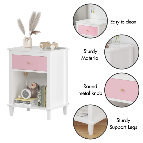 26.77''H Wooden Nightstand with One Drawer One Shelf for Kids, Adults, White+Golden handle、、casual