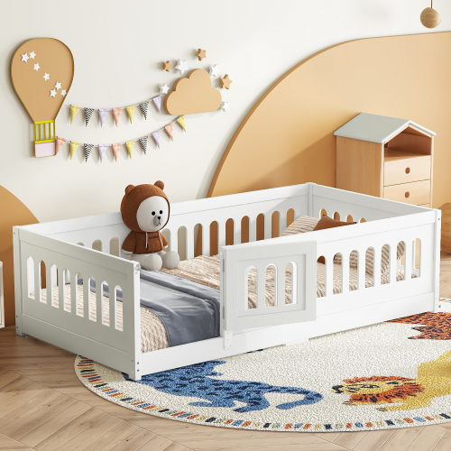 Twin Size Floor Bed with Heightened Safety Guardrails and Door, Solid Wood Bedframe with Rails for Girls, Boys, Teens, Child Bedroom, Kids Playroom, No Slats Included, White、、casual