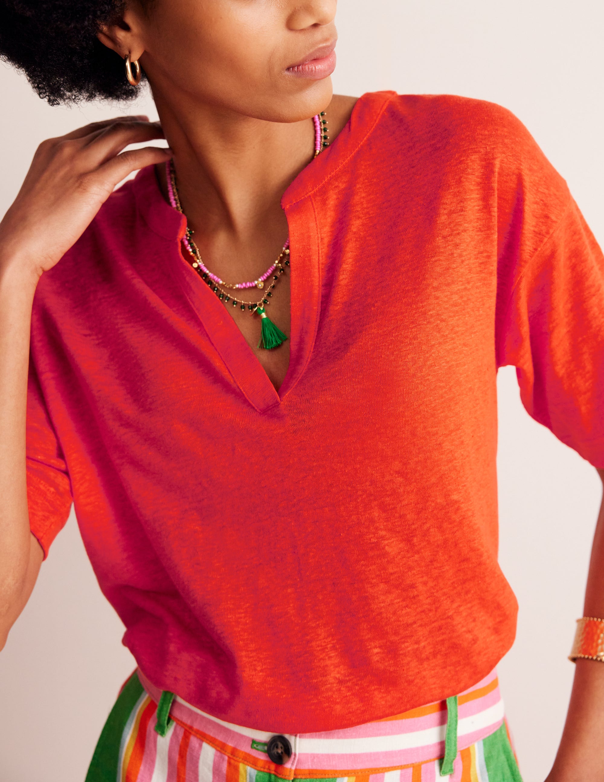  Notch Neck Linen Henley Top-Mandarin Orange、mySite、ashleygrahame