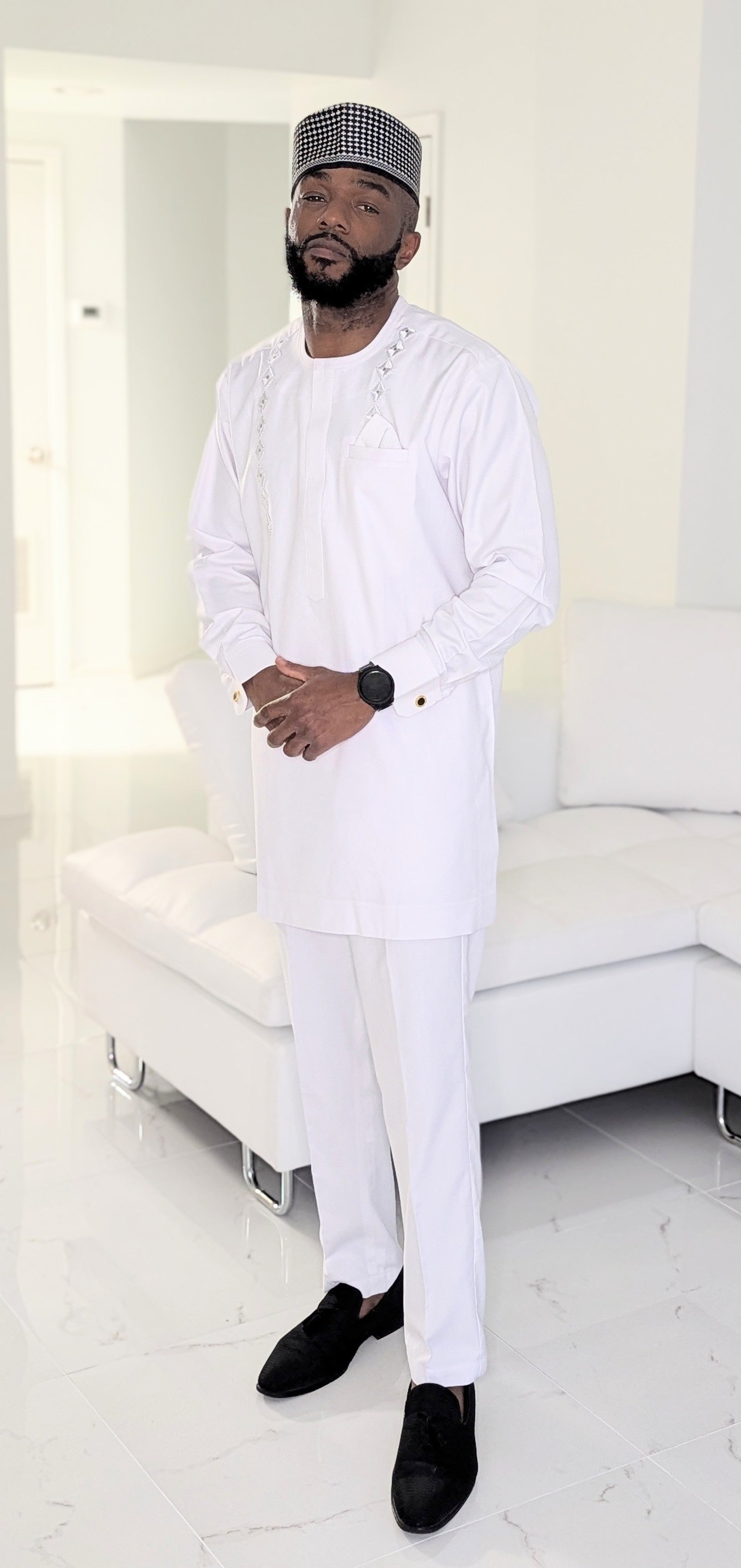 Dupsie's All-White Majestic Ezze Senator Dashiki Set with White and Silver embroidery with matching White pants DPAWWS44、mySite、solidvoid