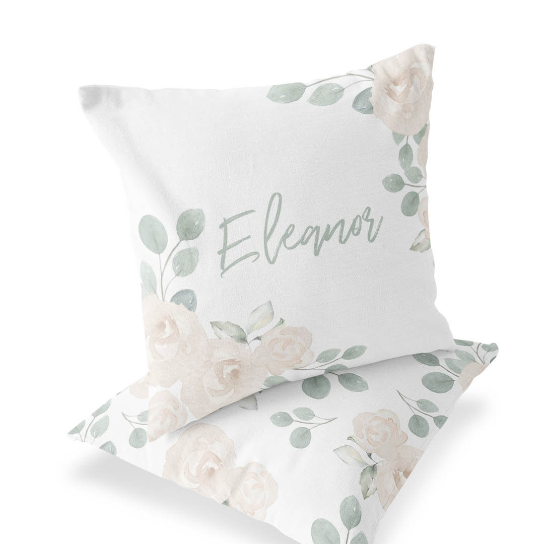  Eleanor's Sage and Ivory Floral Personalized Name Throw Pillow、mySite、layawaytickets