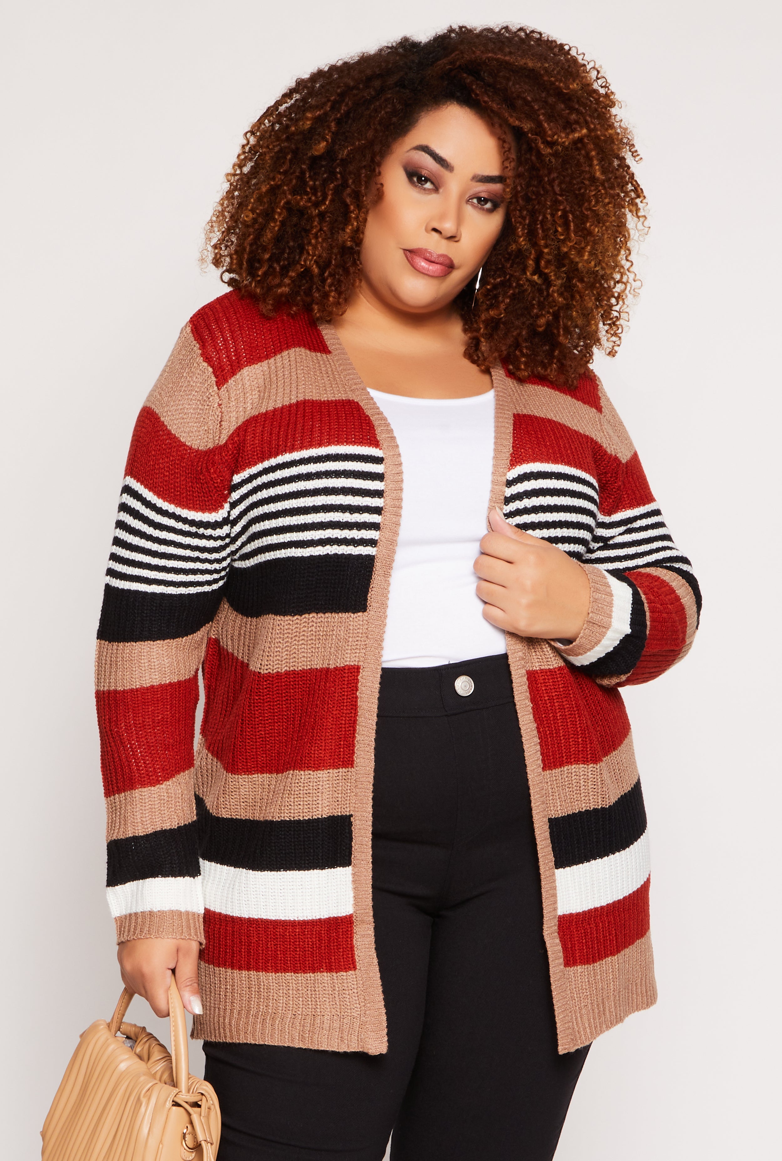 Plus Size Striped Open Front Cardigan、mySite、camillekostekn