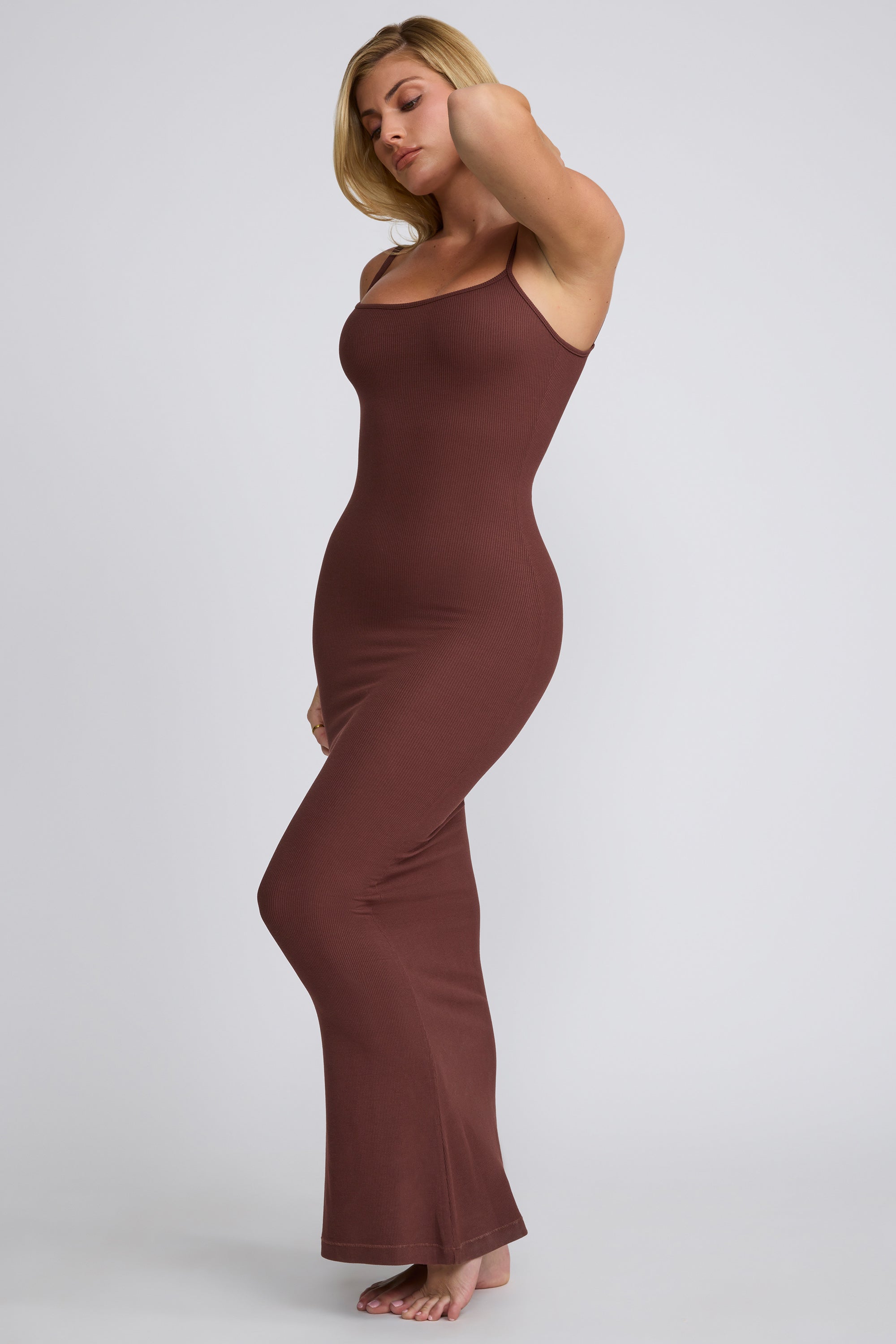 Ribbed Modal Square Neck Maxi Dress in Chocolate、mySite、solidvoid