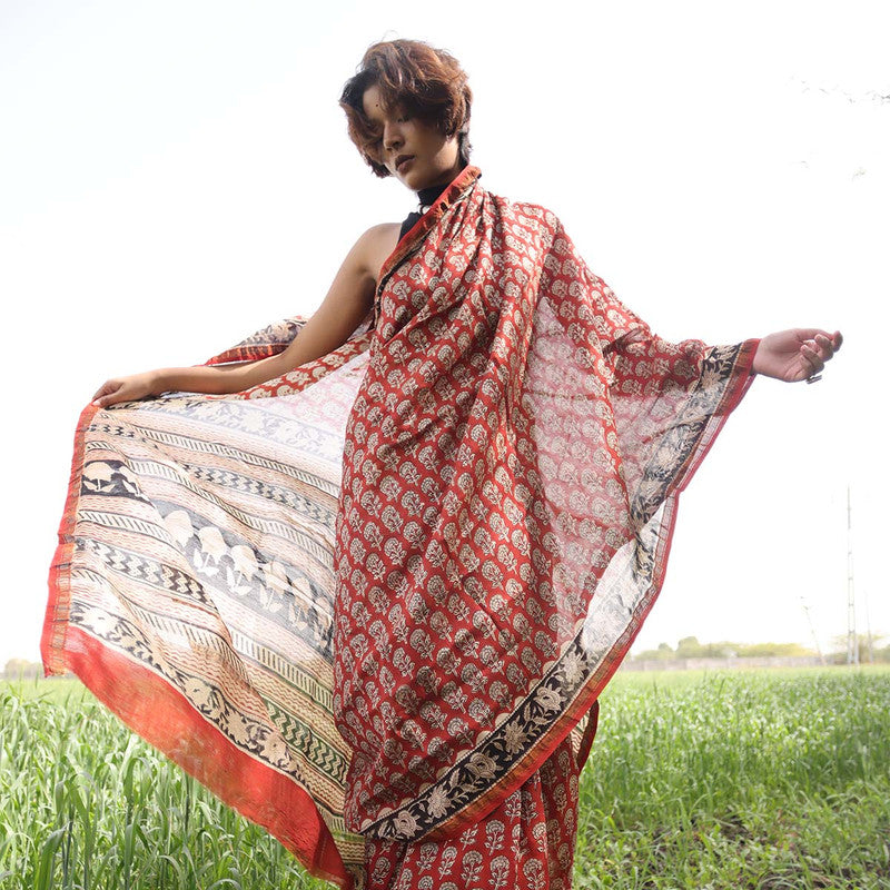 Festive Wear | Chanderi | Bagru Printed Saree | Red、mySite、camillekostekn