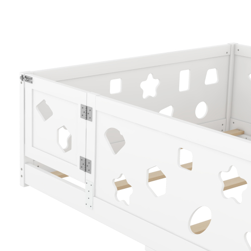 Twin Size Floor Bed with Heightened Safety Guardrails and Door, Solid Wood Bedframe with Rails for Girls, Boys, Teens, Child Bedroom, Kids Playroom, No Slats Included, White、、casual
