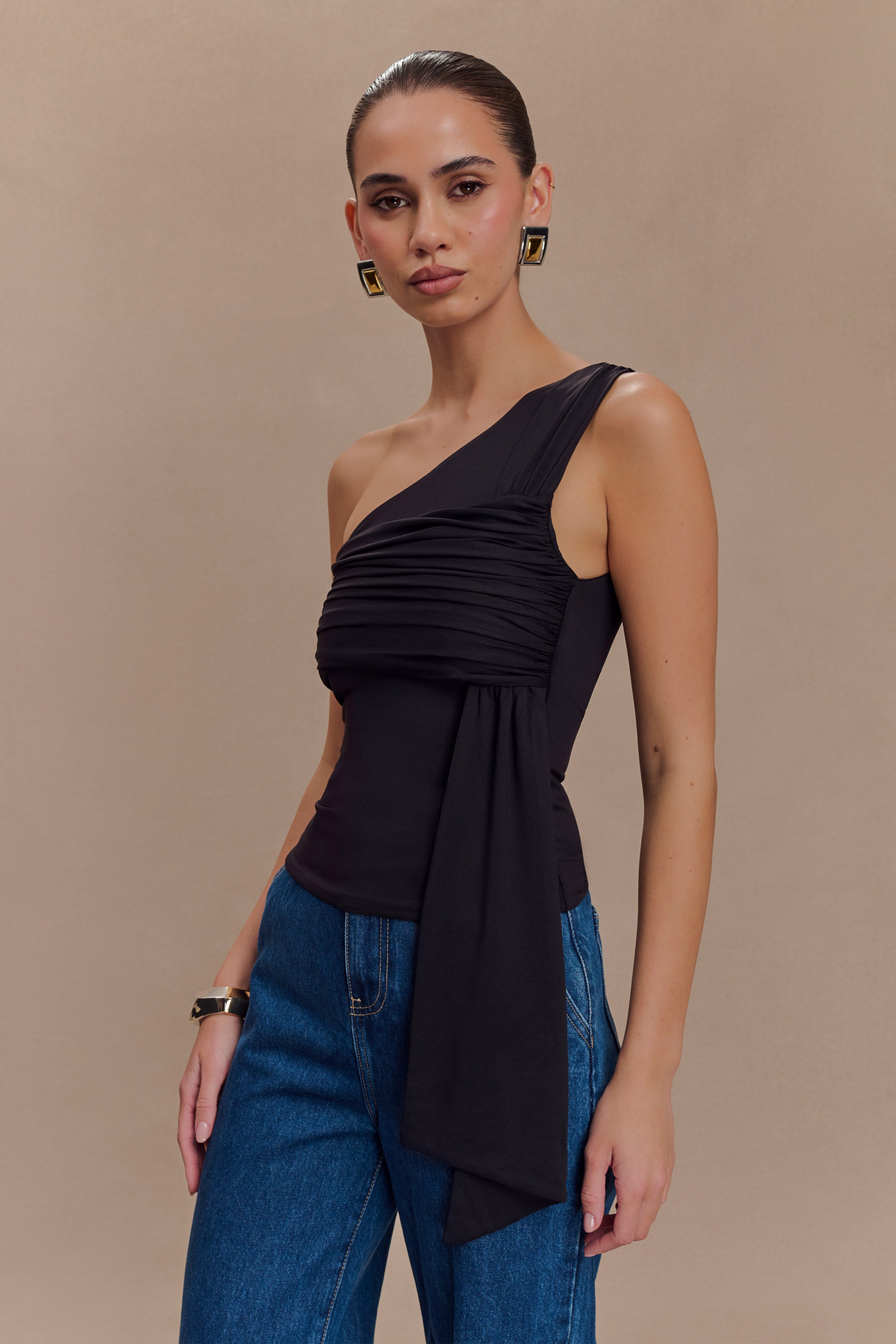 Sera One Shoulder Recycled Nylon Top With Drape - Black、mySite、solidvoid