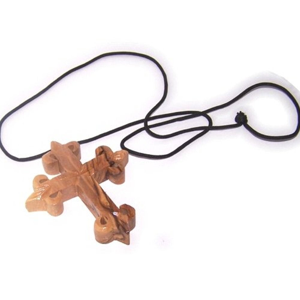Very Thick hand carved olive wood Fleur-de-lis Cross - necklace - (2.8x2.4x.5 inches) with Certificate、mySite、topwebapps