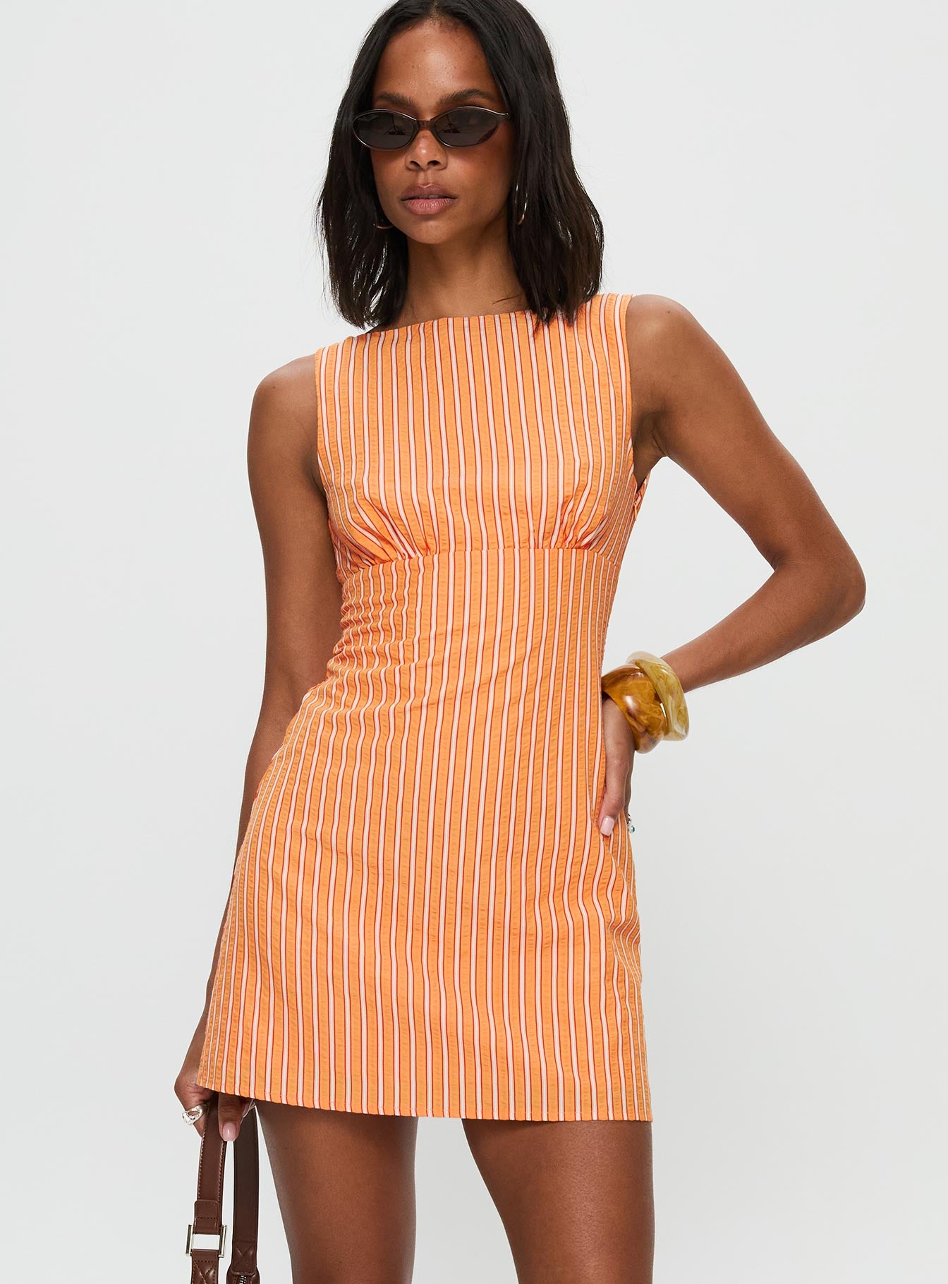 Ellesandra Boat Neck Mini Dress Orange Stripe、mySite、solidvoid