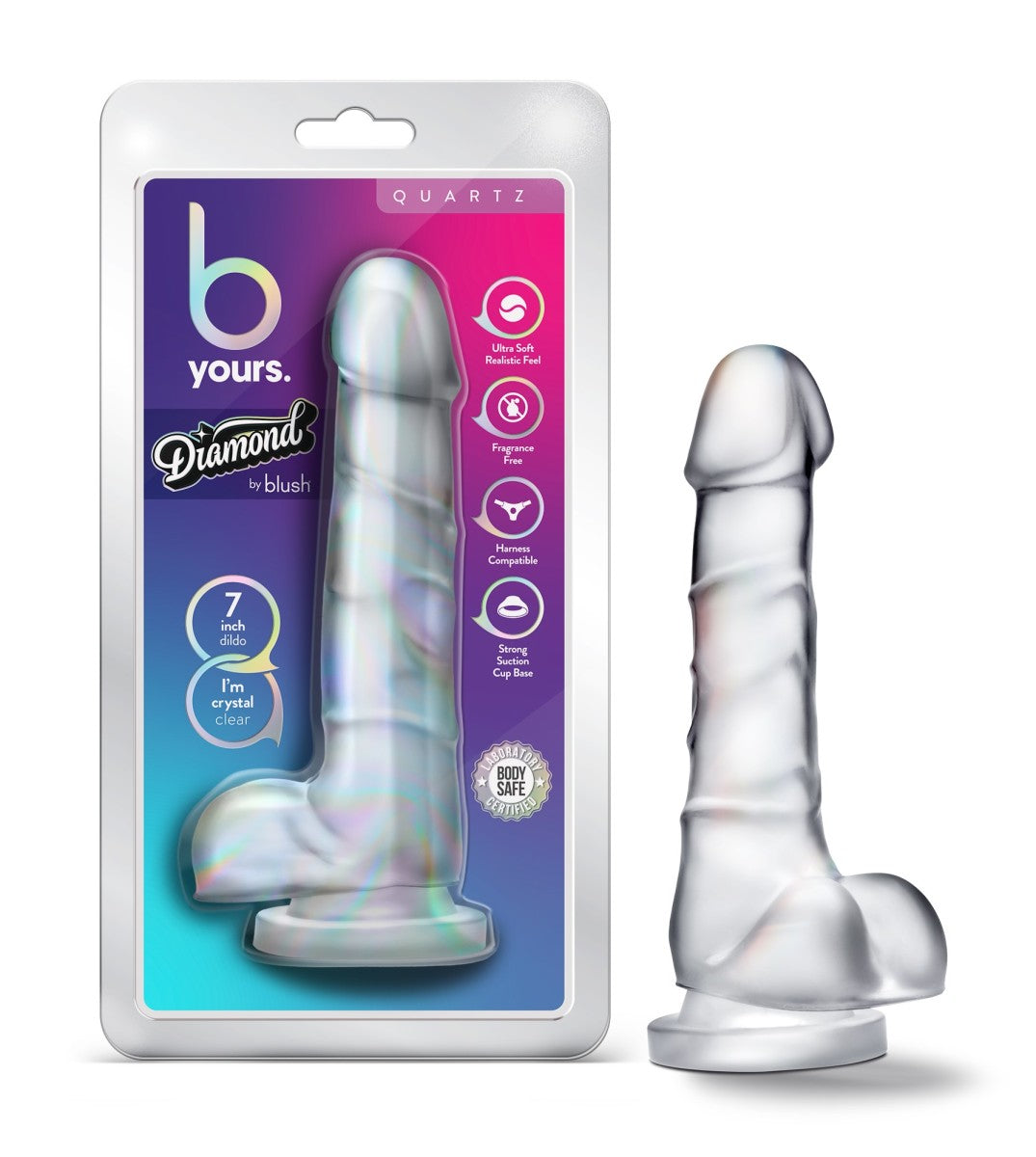 B Yours Diamond By Blush® | Quartz Realistic Clear 7.5-Inch Long Dildo With Balls & Suction Cup Base、mySite、bottomscart