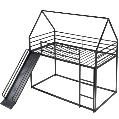 Twin over Twin House Bunk Bed with Ladder and Slide,Black、、casual