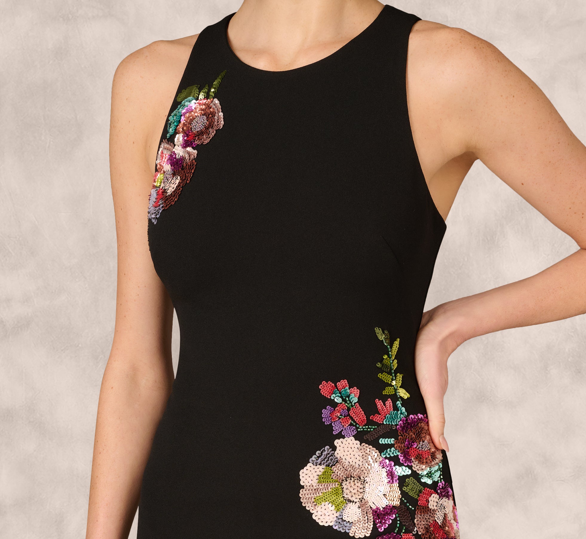 Sleeveless Sequin Flower Sheath Midi Dress In Black、mySite、solidvoid