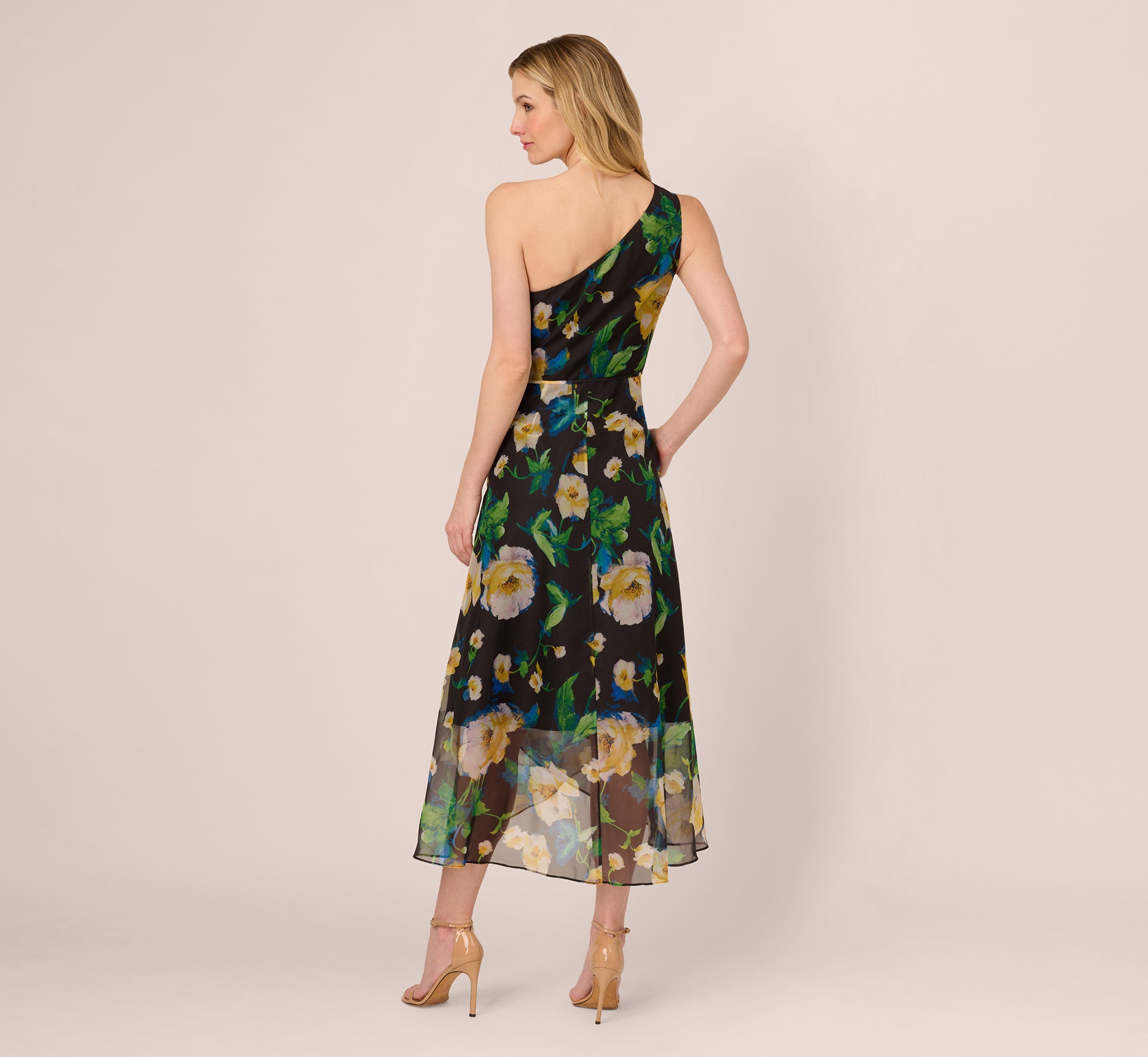 One Shoulder Floral Chiffon High Low Midi Dress In Black Yellow Multi、mySite、solidvoid