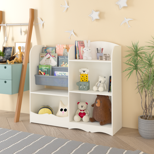 Kids Bookcase and Bookshelf, Multifunctional Bookcase with 3 Collapsible Fabric Drawers, Bookcase Display Stand, Toy Storage Organizer for Bedroom, Playroom, Hallway (White/Gray)、、casual