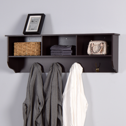 White Entryway Wall Mounted Coat Rack with 4 Dual Hooks Living Room Wooden Storage Shelf、、casual