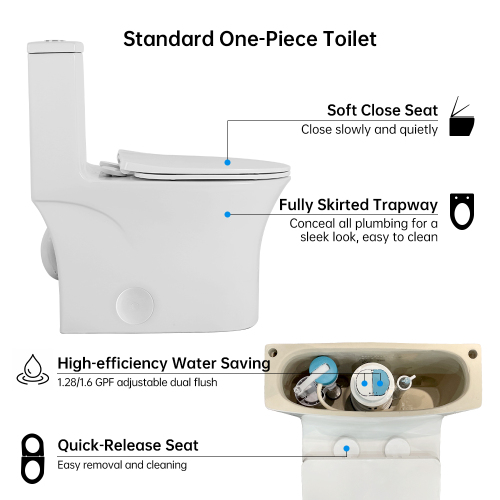 1.1/1.6 GPF Elongated Comfort Height Floor Mounted One-Piece Toilet, CUPC Certified, WaterSense Cetified, Ceramic, White Color, Soft Close Seat、、xpatfood