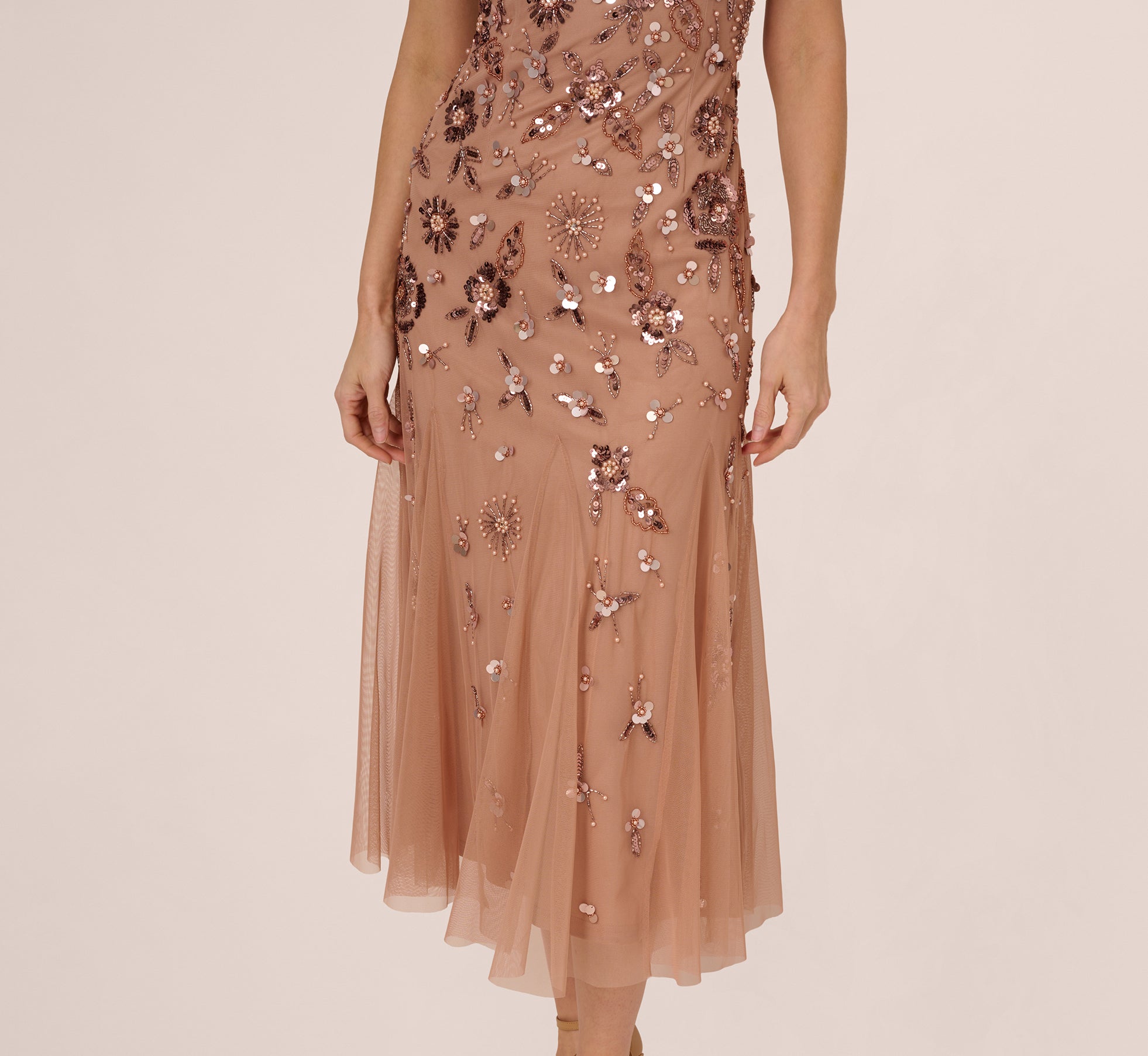 Floral Beaded Ankle Length Gown In Rose Gold、mySite、solidvoid