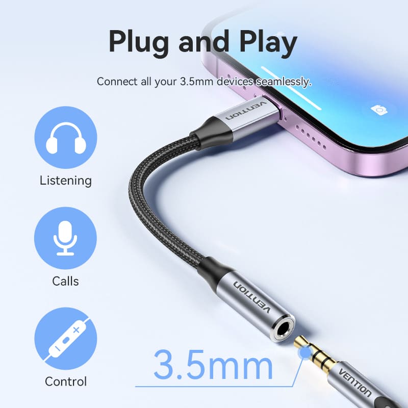 Vention Cotton Braided Lightning Male to 3.5MM Earphone Jack Adapter Aluminum Alloy Type、mySite、fannypackpong