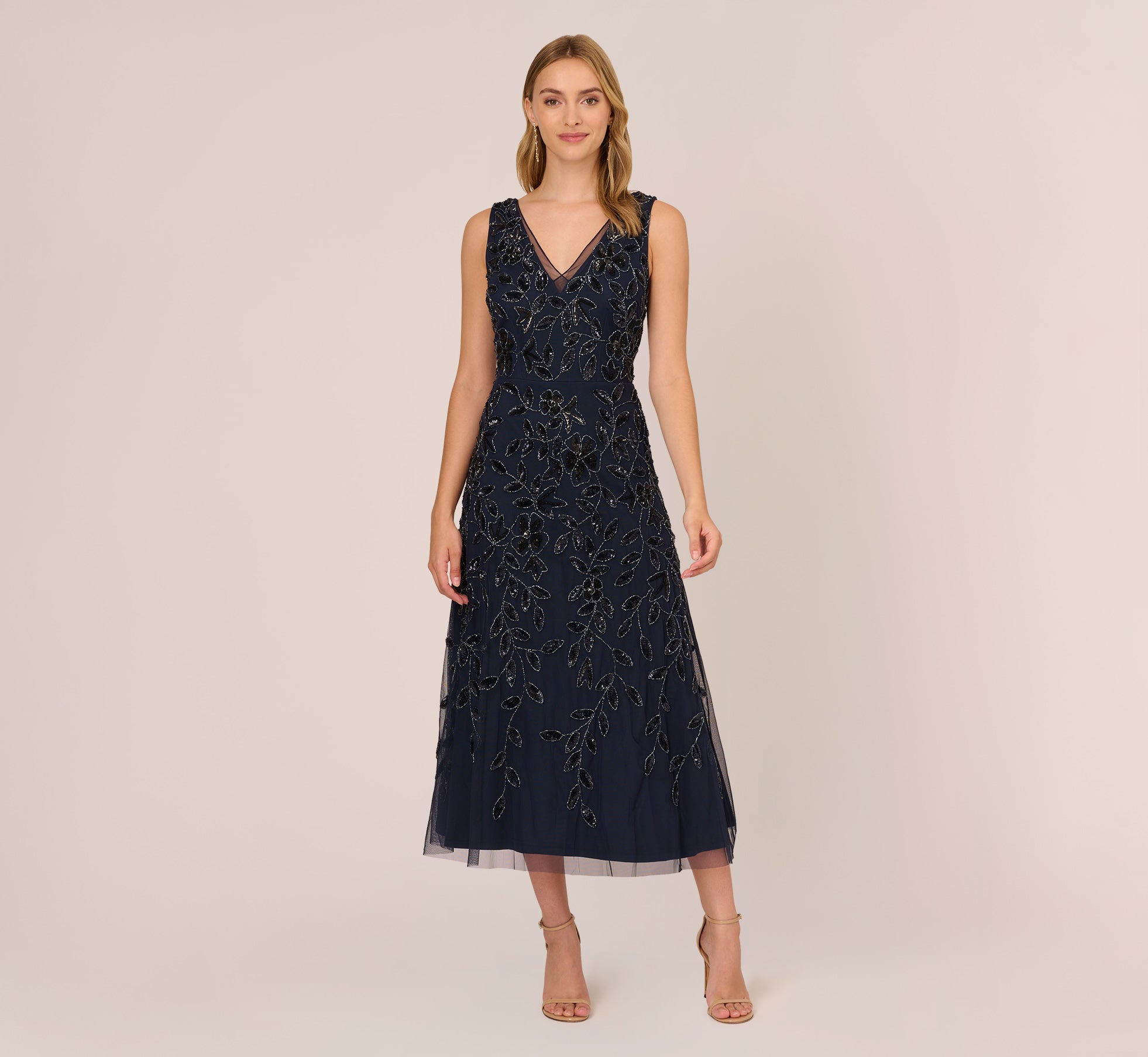 Floral Beaded Ankle Length Sleeveless Gown In Navy、mySite、solidvoid