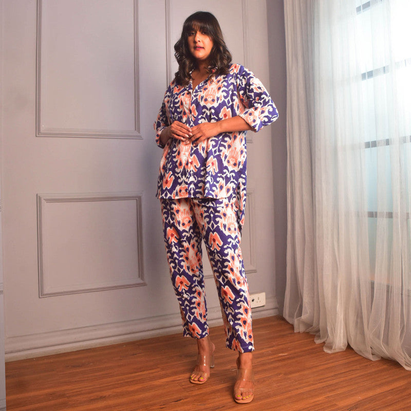 Cotton Co Ord Set For Women | Shirt & Pant | Block Print | Blue、mySite、camillekostekn