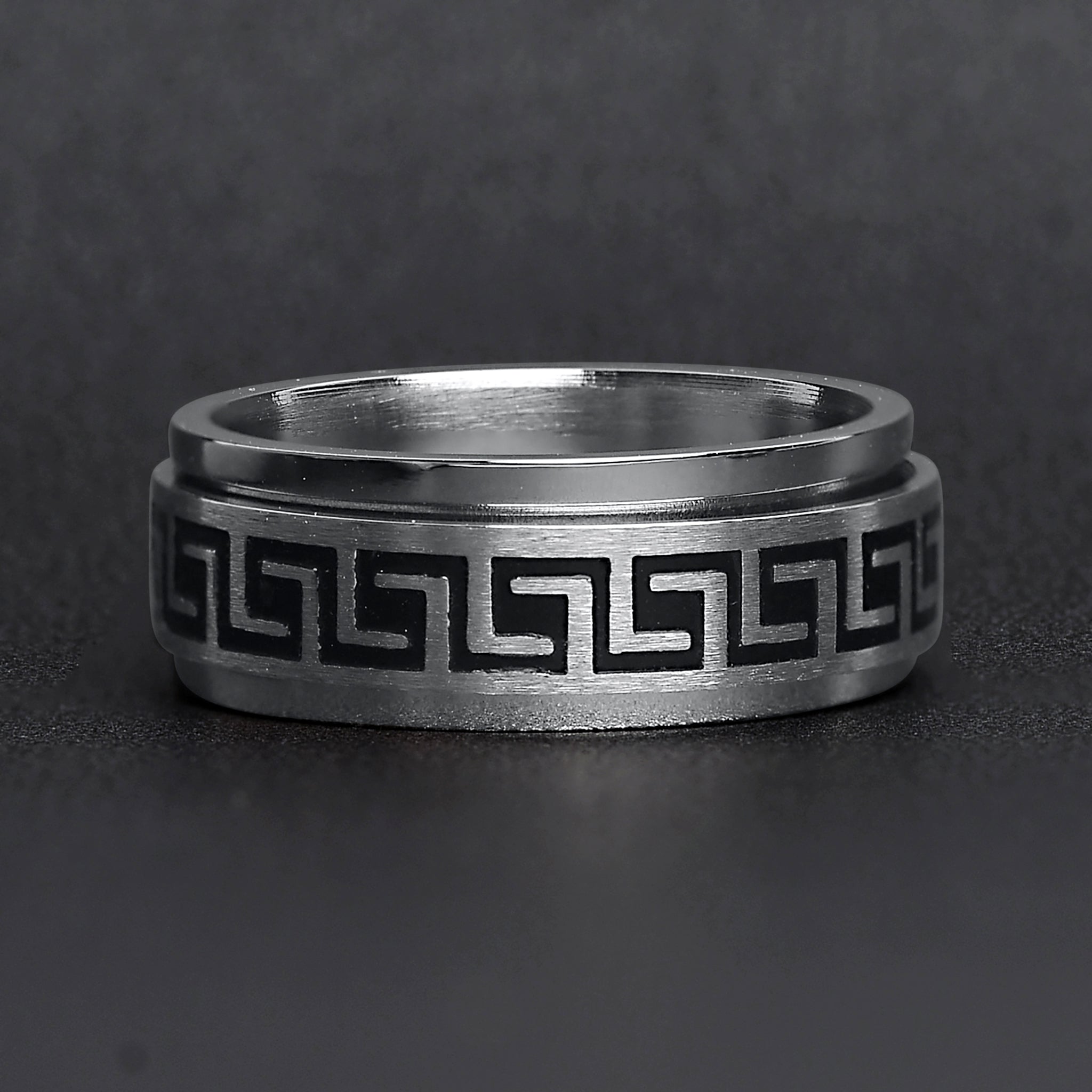 Stainless Steel Black Greek Key Spinner Center Polished Ring / SRJ2056、mySite、dreamappss