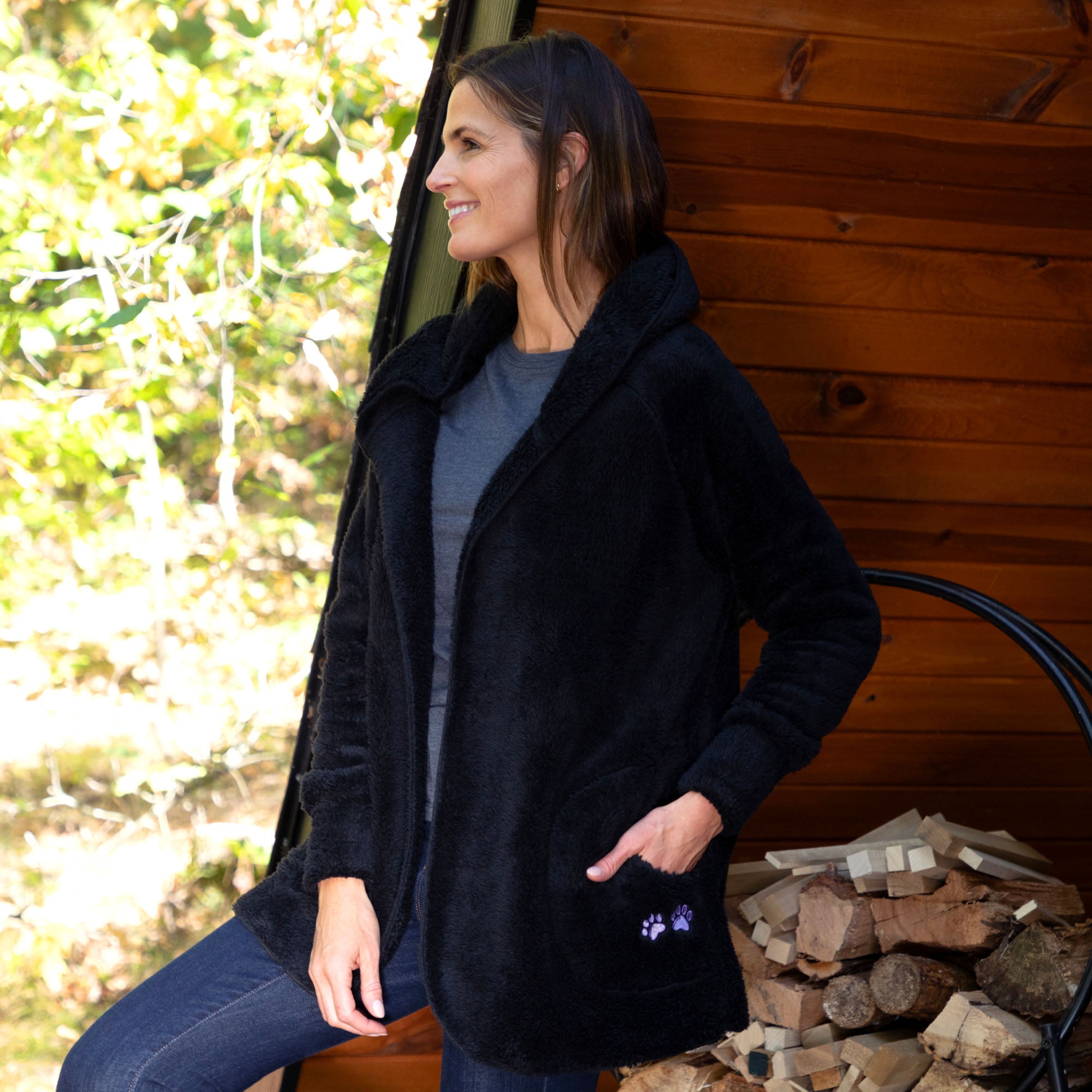 Paw Print Plush Sherpa Fleece Hooded Open Jacket、mySite、camillekostekn