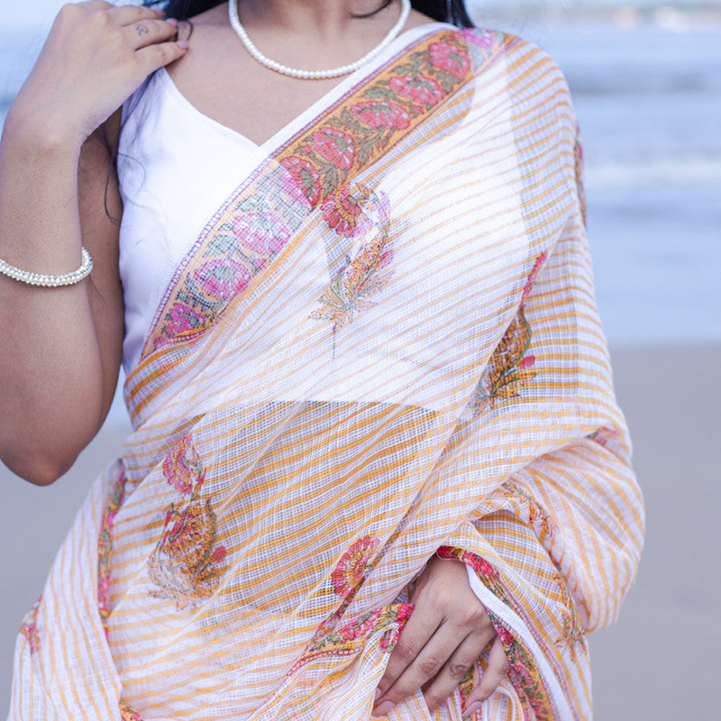 Kota Handblock Printed Saree | Mogra | White & Orange、mySite、camillekostekn