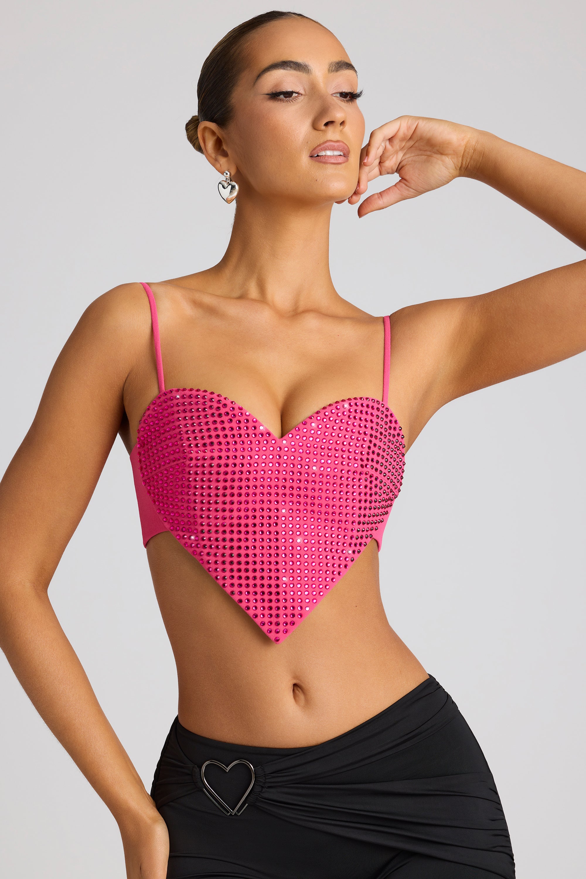 Embellished Heart Detail Crop Top in Magenta、mySite、solidvoid