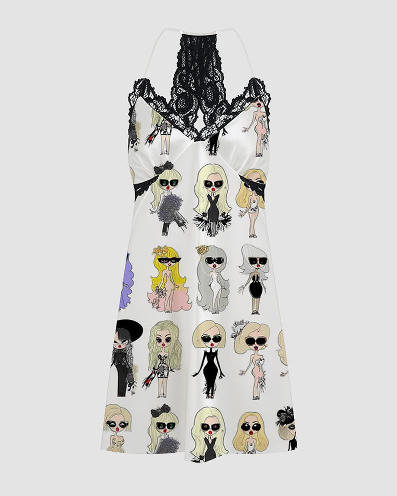 Women Retro Graffiti Cartoon Pattern Satin Suspender Pajamas、mySite、bengalsvssteelers