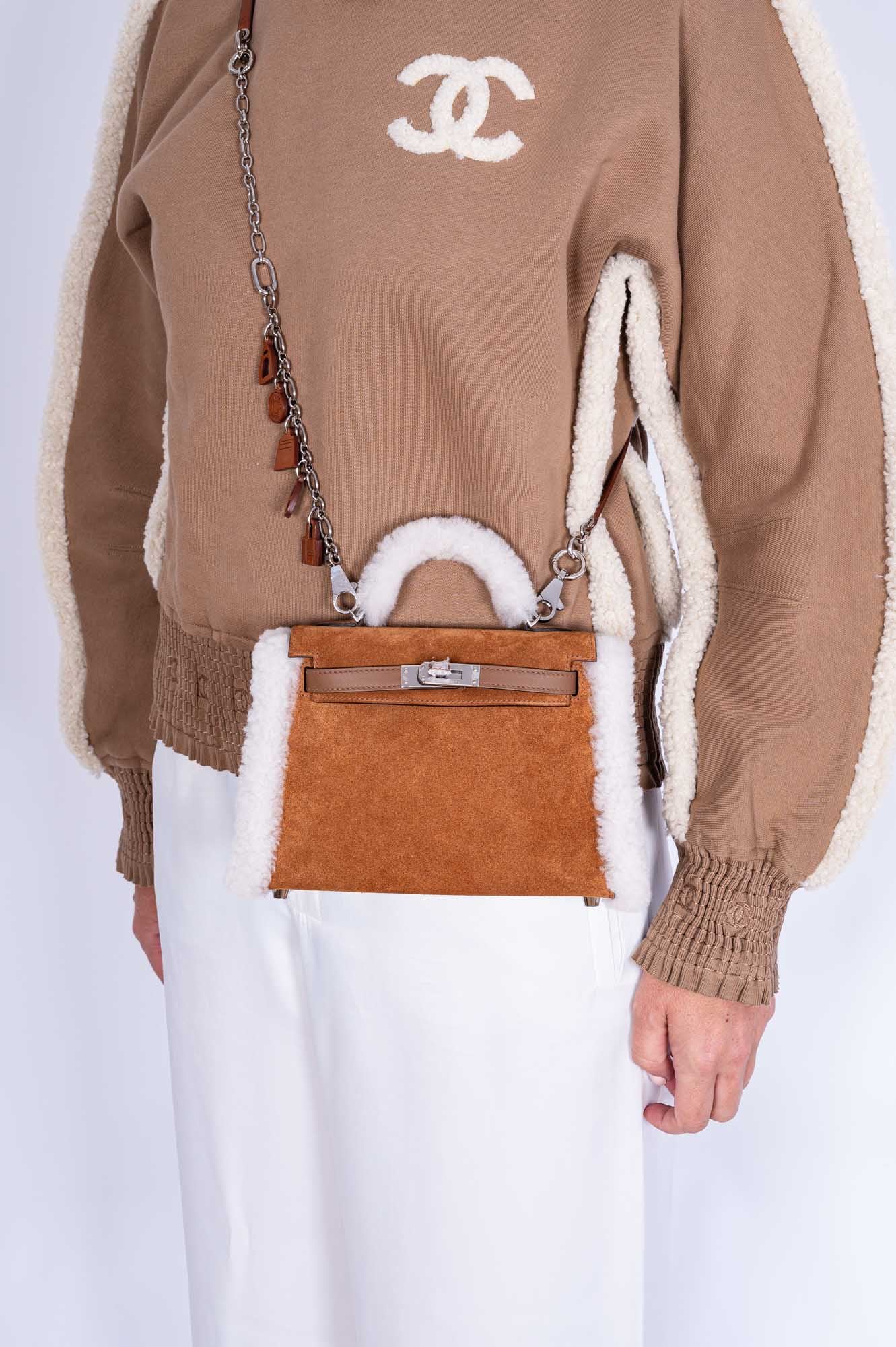 Hermès Teddy Mini Kelly 20 Chamois Grizzly, Alezan Swift and Ecru Mouton Shearling Palladium、mySite、garminoutage.com