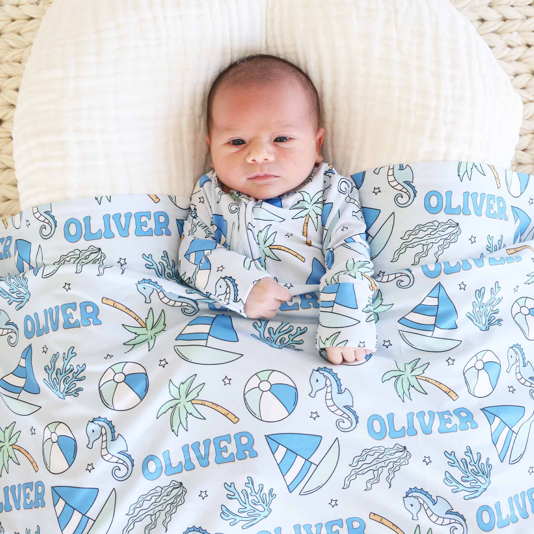  Tiny Tides Personalized Swaddle Blanket | Blue、mySite、layawaytickets