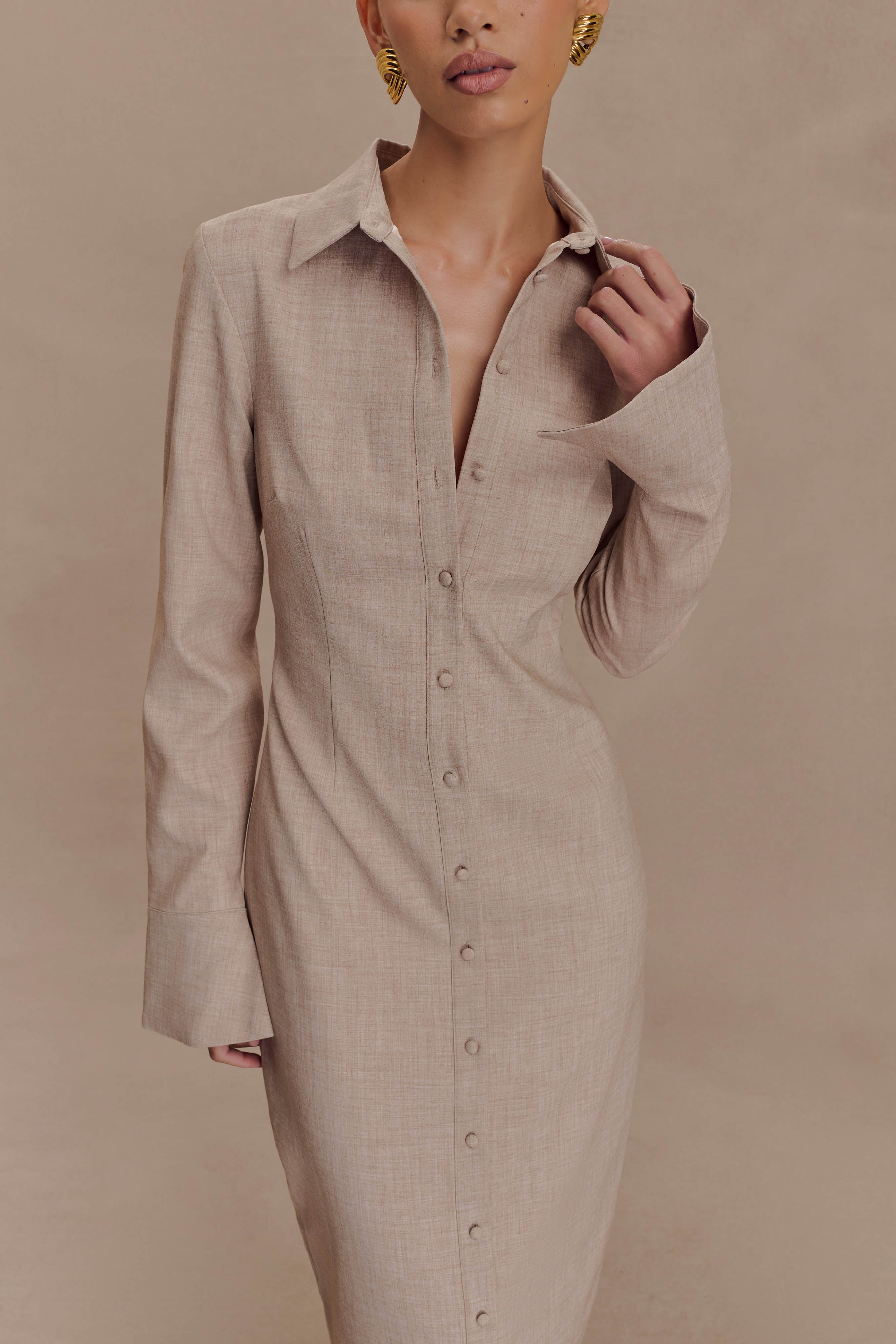 Dorian Fitted Shirt Midi Dress - Wheat Marle、mySite、solidvoid