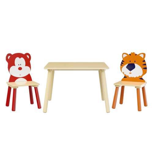 Kids Table and 2 Chairs Set, 3 Pieces Toddler Table and Chair Set, Wooden Activity Play Table Set (Lion&Monkey)、、casual