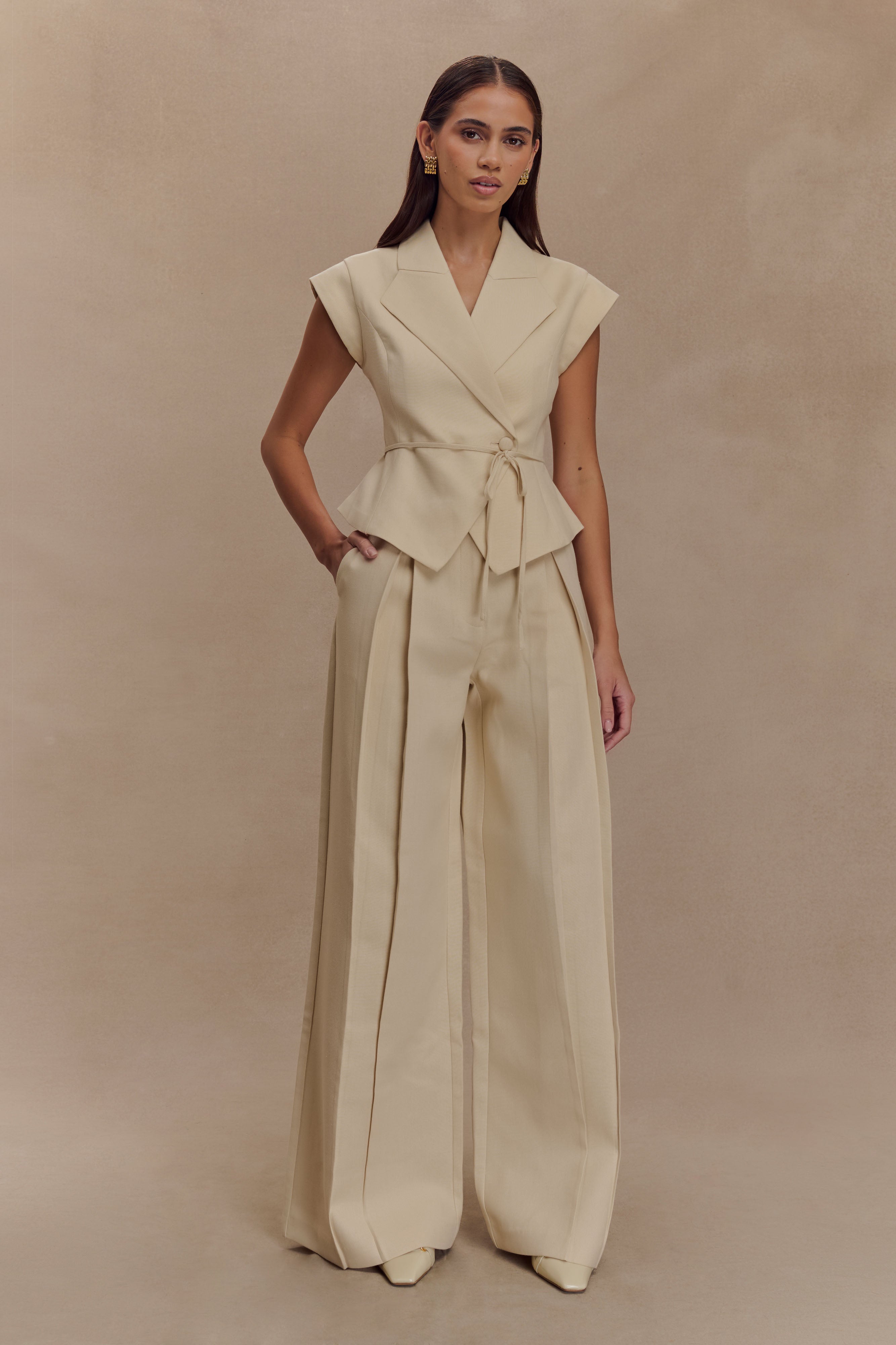 Raya Mid Rise Wide Leg Linen Pant - Natural Beige、mySite、solidvoid