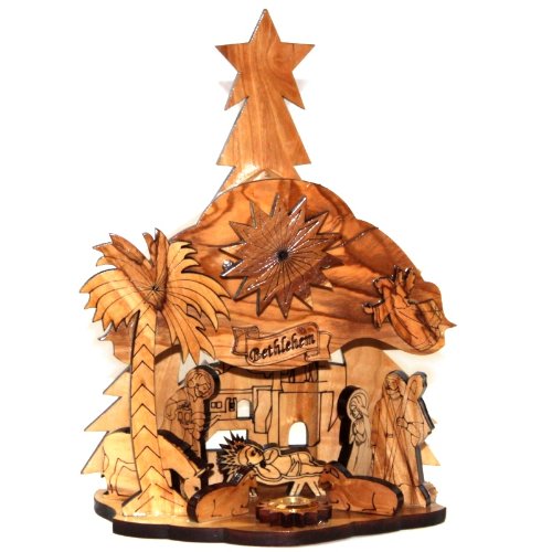  Holy Land Market Musical Olive Wood Nativity Carved by Laser with Incense from Jerusalem (20 cm or 8 inches)、mySite、elrpsem3k