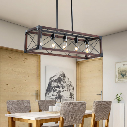 (Same as W1340P155968/L1011-RW) 32" Red Wood Industrial Farmhouse Rectangle Pendant Light, 5-Light Chandelier for Dining Room, Kitchen Island, Cafe Decor (No Bulbs)、、eastwooduniform