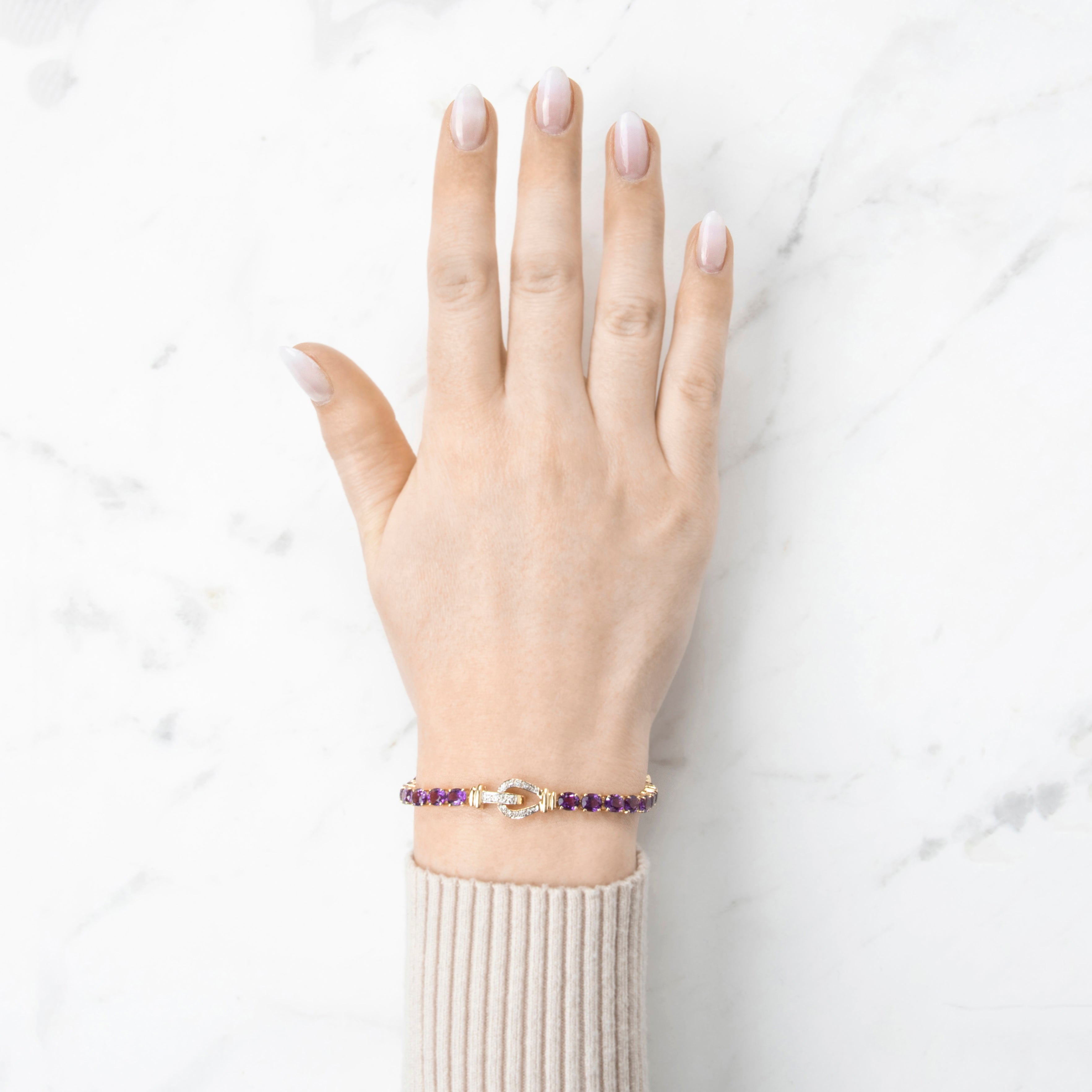 Vintage 14k Yellow Gold 7.9cttw Amethyst .216cttw Diamond Buckle Bracelet 7.25、mySite、hinf8tx79