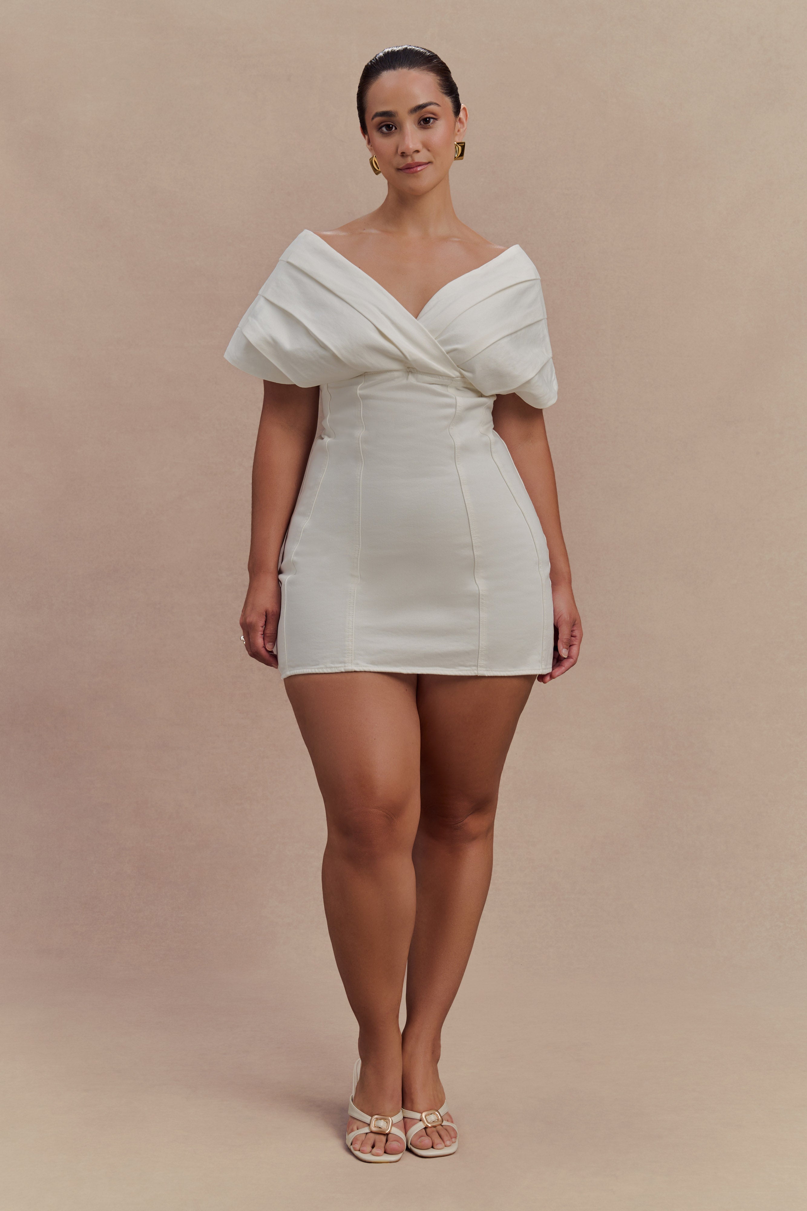 Pascale Off Shoulder Denim Mini Dress - White、mySite、solidvoid