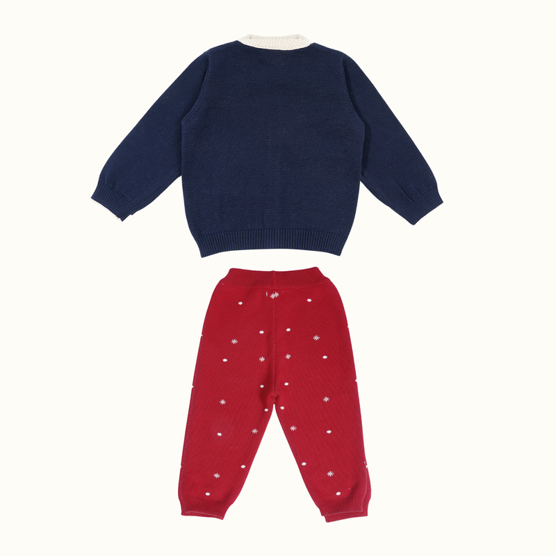 Cotton Jacquard Sweater & Lower Set | Penguine Printed | Navy Blue & Red |Set of 2、mySite、camillekostekn