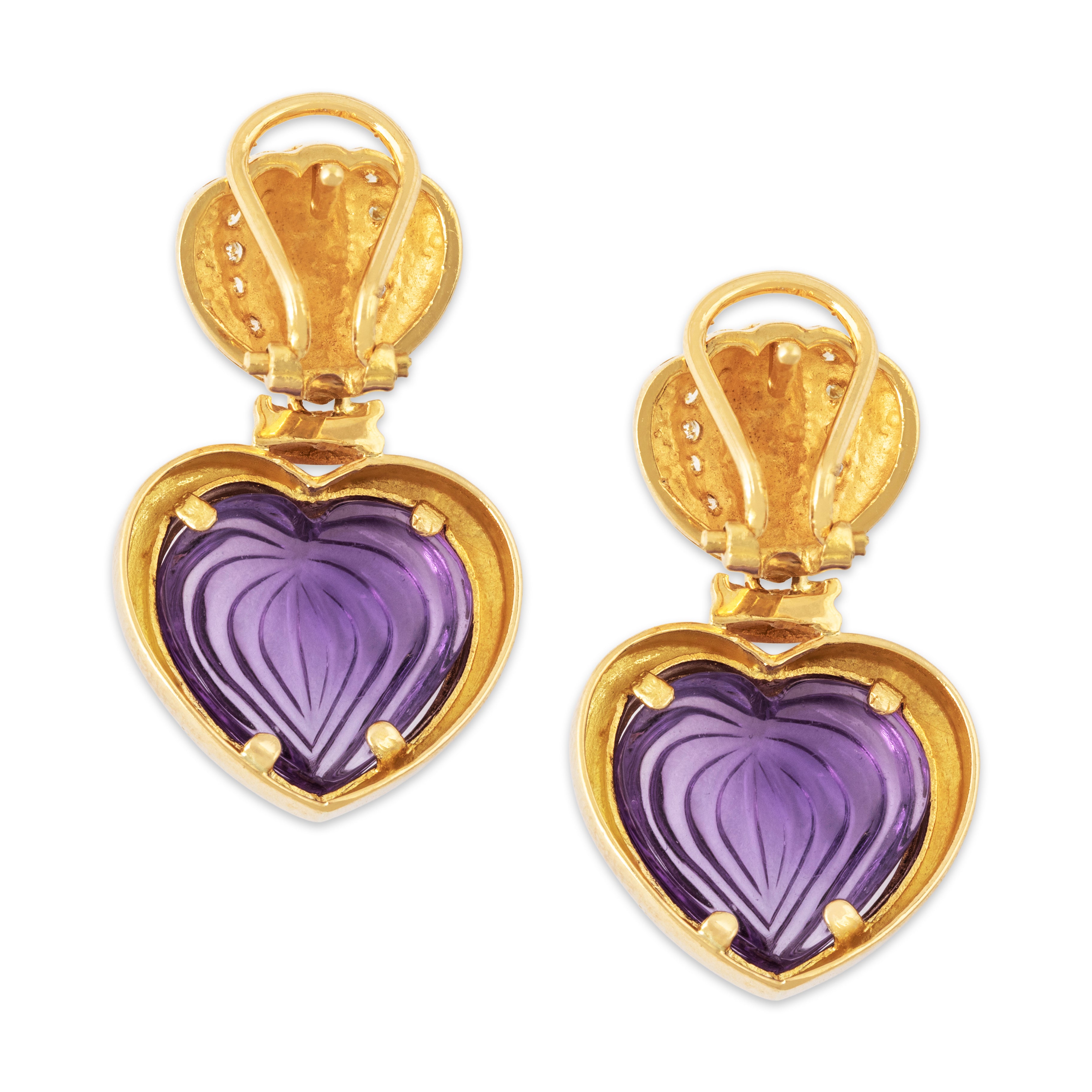 Vintage 18k Yellow Gold Amethyst Diamond Regal Hearts Statement Earrings、mySite、hinf8tx79