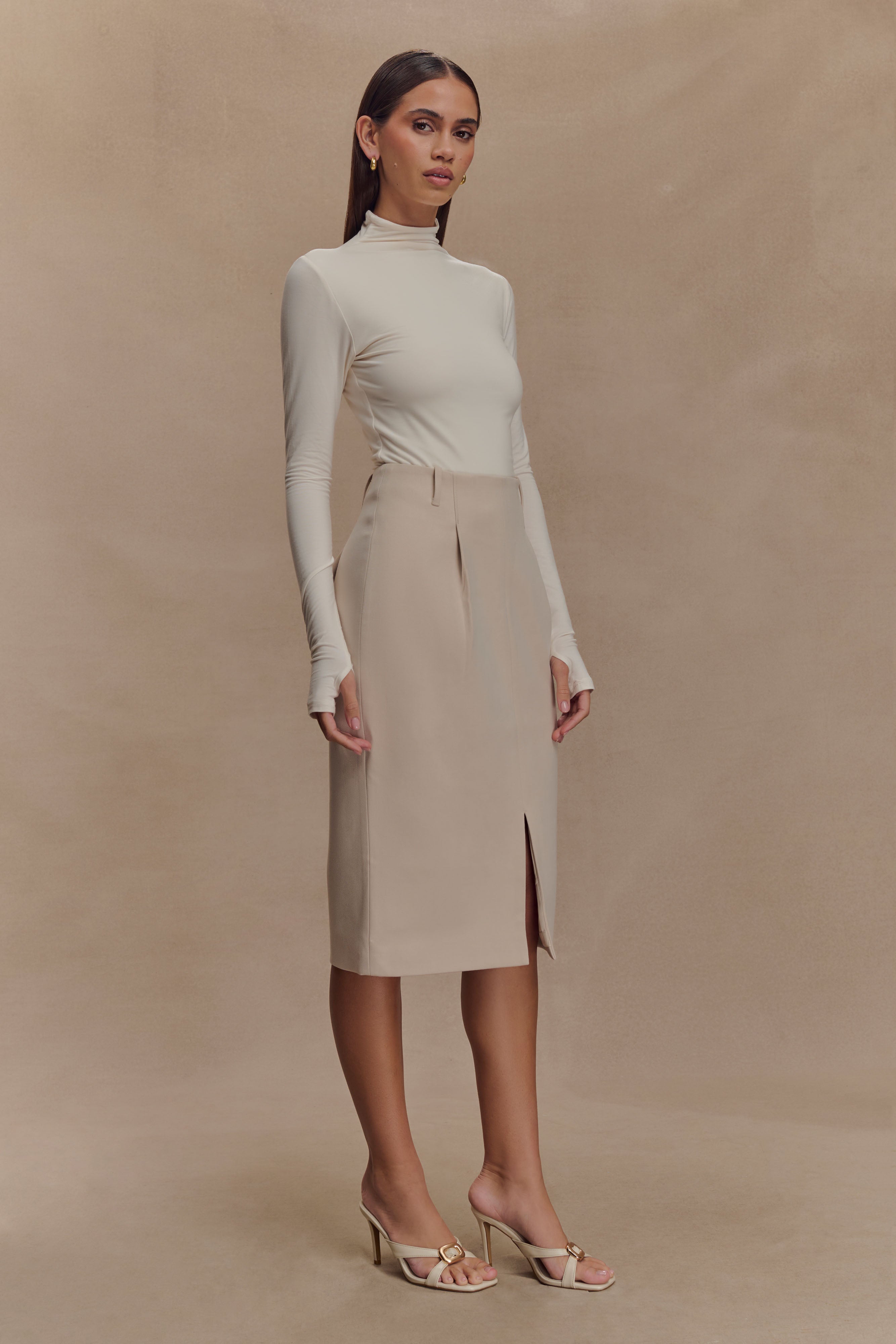 Vera Suiting Split Front Midi Skirt - Ivory Stone、mySite、solidvoid
