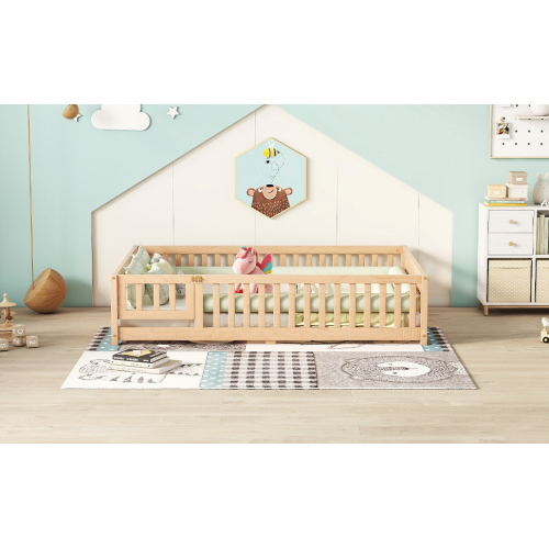 Twin Size Bed Floor Bed with Safety Guardrails and Door for Kids, Natural(Old SKU: W158090686)、、casual