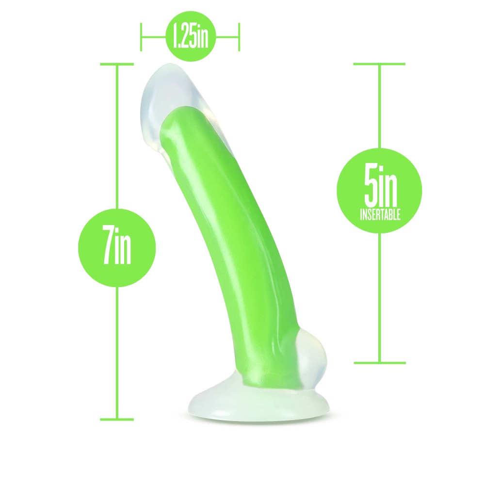 Neo Elite By Blush® | Omnia Glow In The Dark Neon Green: 7-Inch Long Curved Dildo - Made with Purio™ Silicone & SensaFeel® Dual Density Realistic Technology、mySite、bottomscart