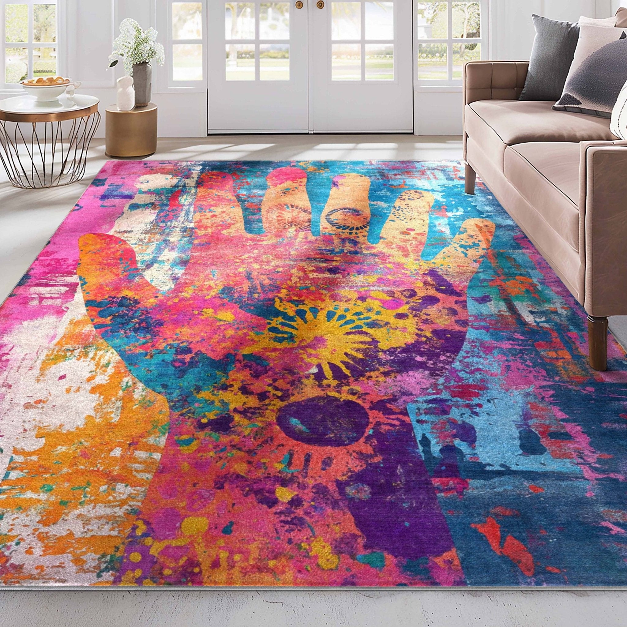 Apollo Aurora Bloom – Hand-Print Floral Abstract Flat Woven Multicolor Rug、mySite、gigharbornorthrealestate