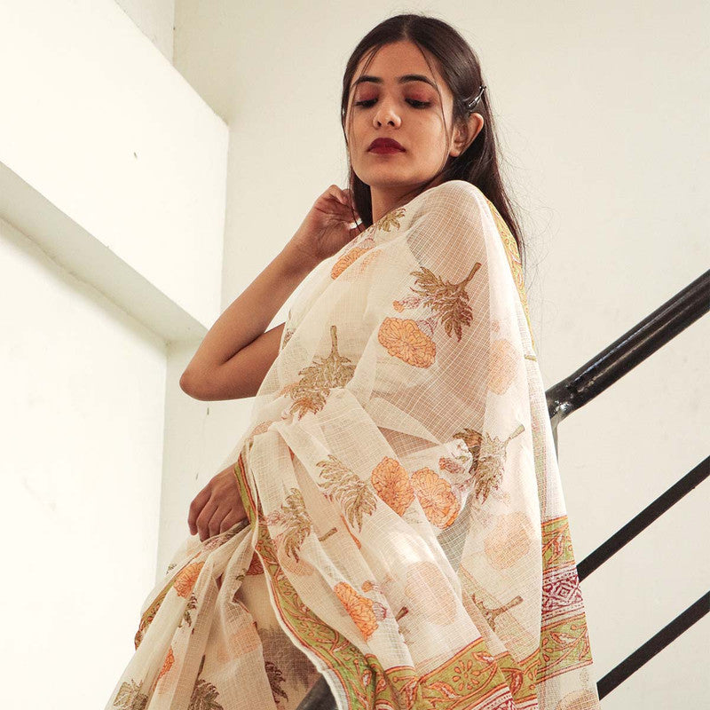 Kota Doria Saree | Handblock Printed | White、mySite、camillekostekn