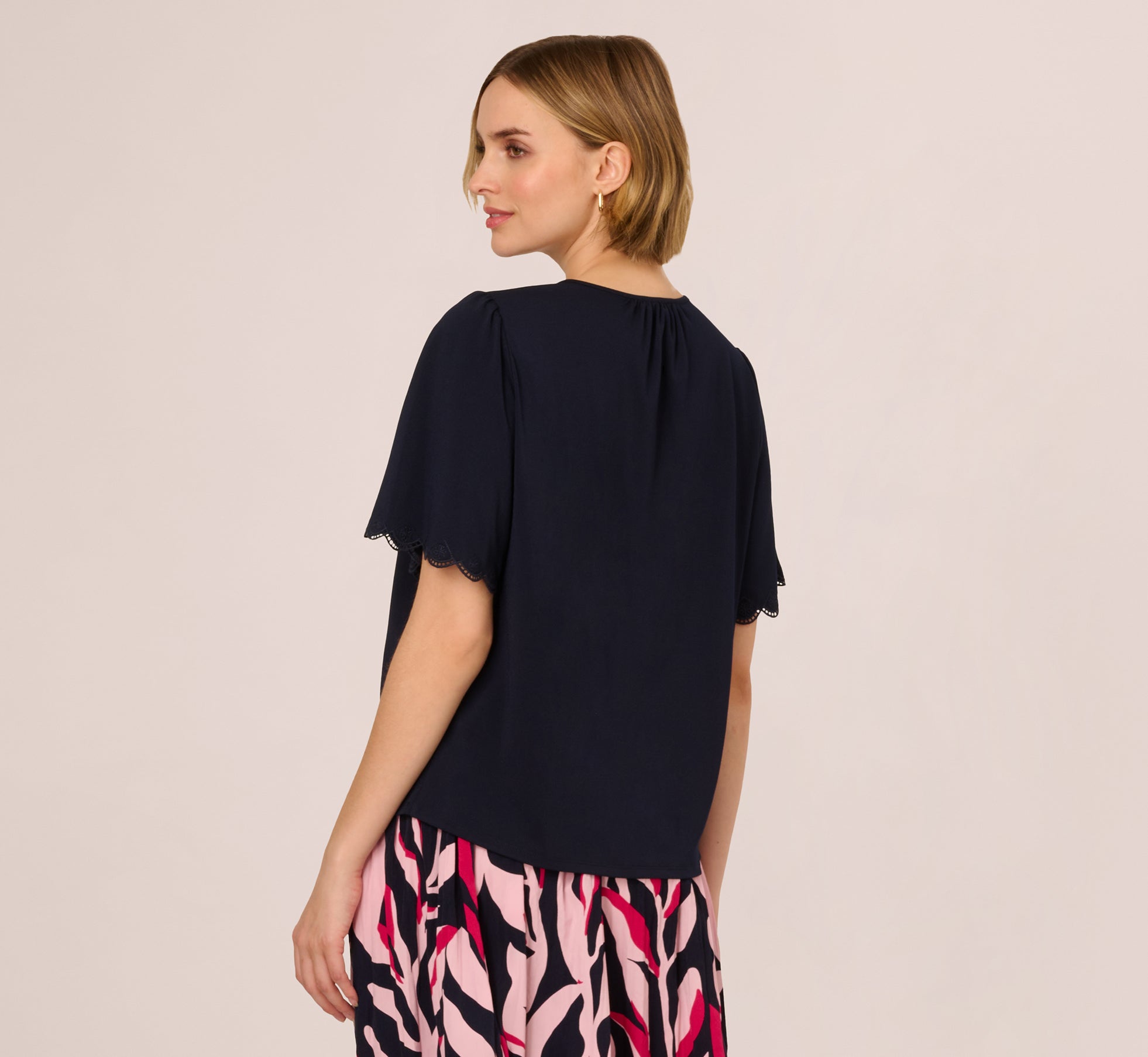 Short Sleeve Neck Tie Embroidered Yoke Top In Blue Moon、mySite、solidvoid