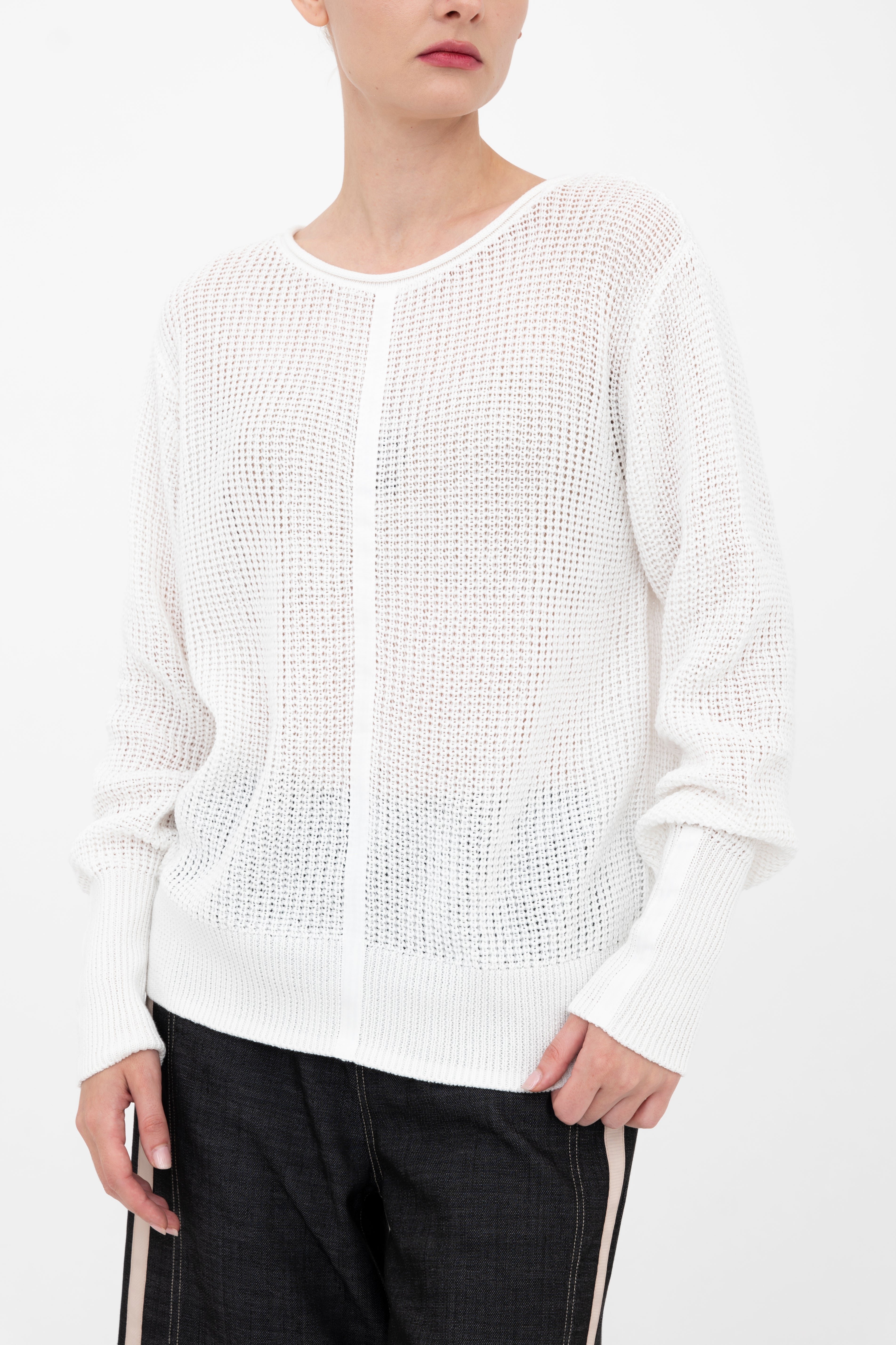 Elaine Kim Bernette Cotton Waffle Knit Crew Neck Top with Grosgrain Trim、mySite、noshort