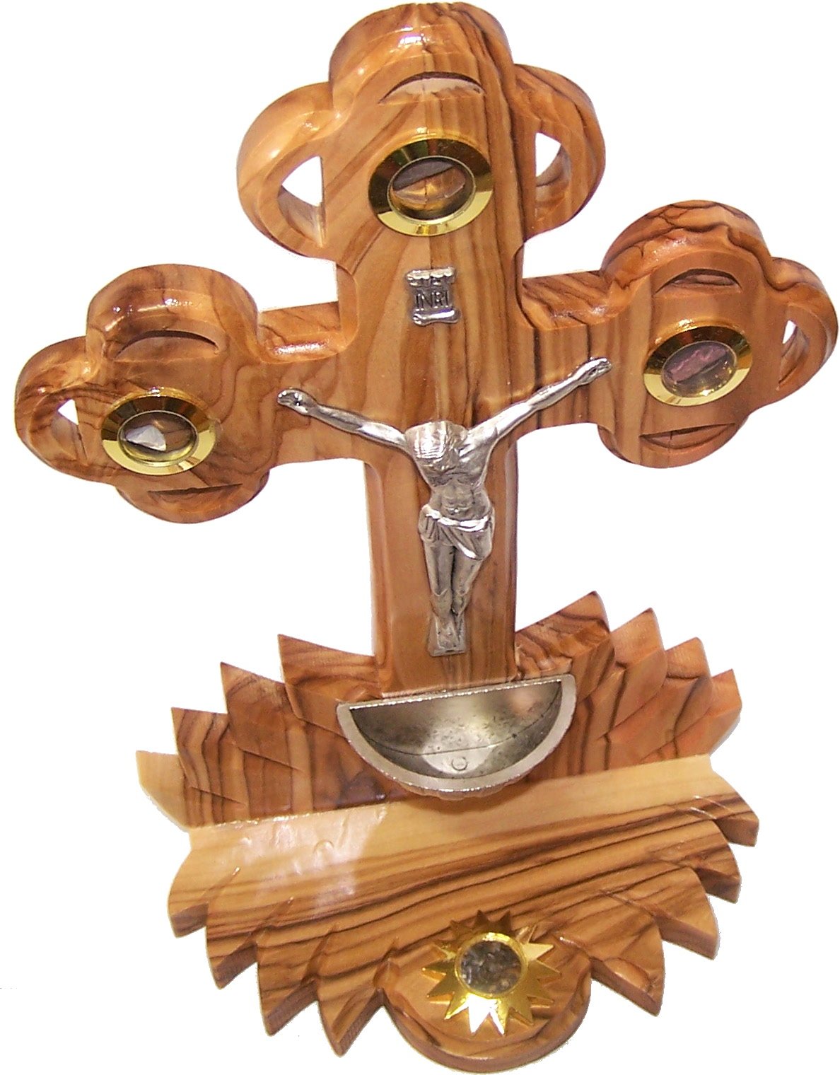  Table Olive Wood Cross/Crucifix with Holy Water Font - with Samples from The Holy Land (22 cm or 9 inches in Height)、mySite、elrpsem3k